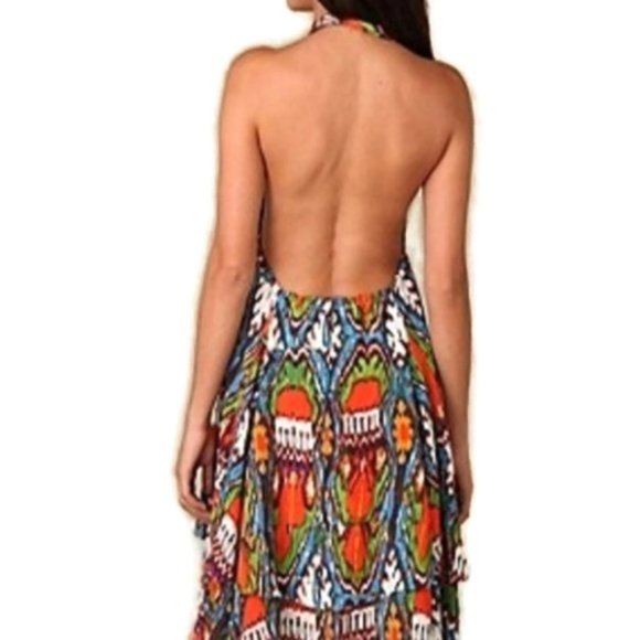 Free People Halter Ikat Print Tiered Hi-Low Dress Flowy Beach sz M - Picture 2 of 8